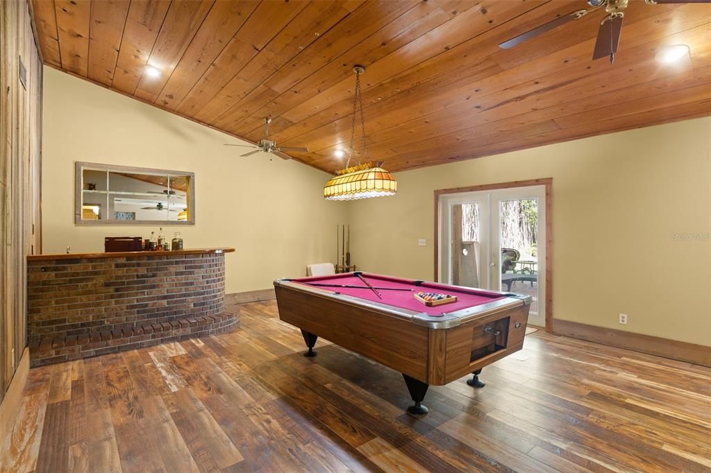 Billiard Table, Game Room, Interior, Pendant Lights, Recessed Lighting, Wooden Ceilings, Wood Texture Flooring