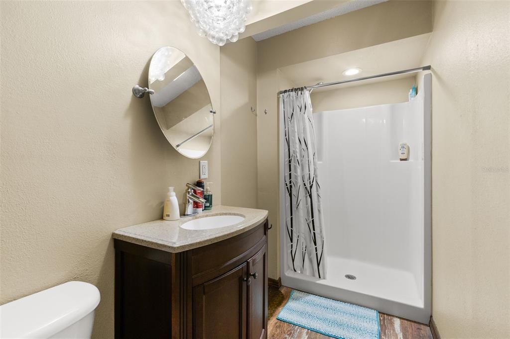 Bathroom, Chandelier, Interior, Recessed Lighting, Wood Texture Flooring