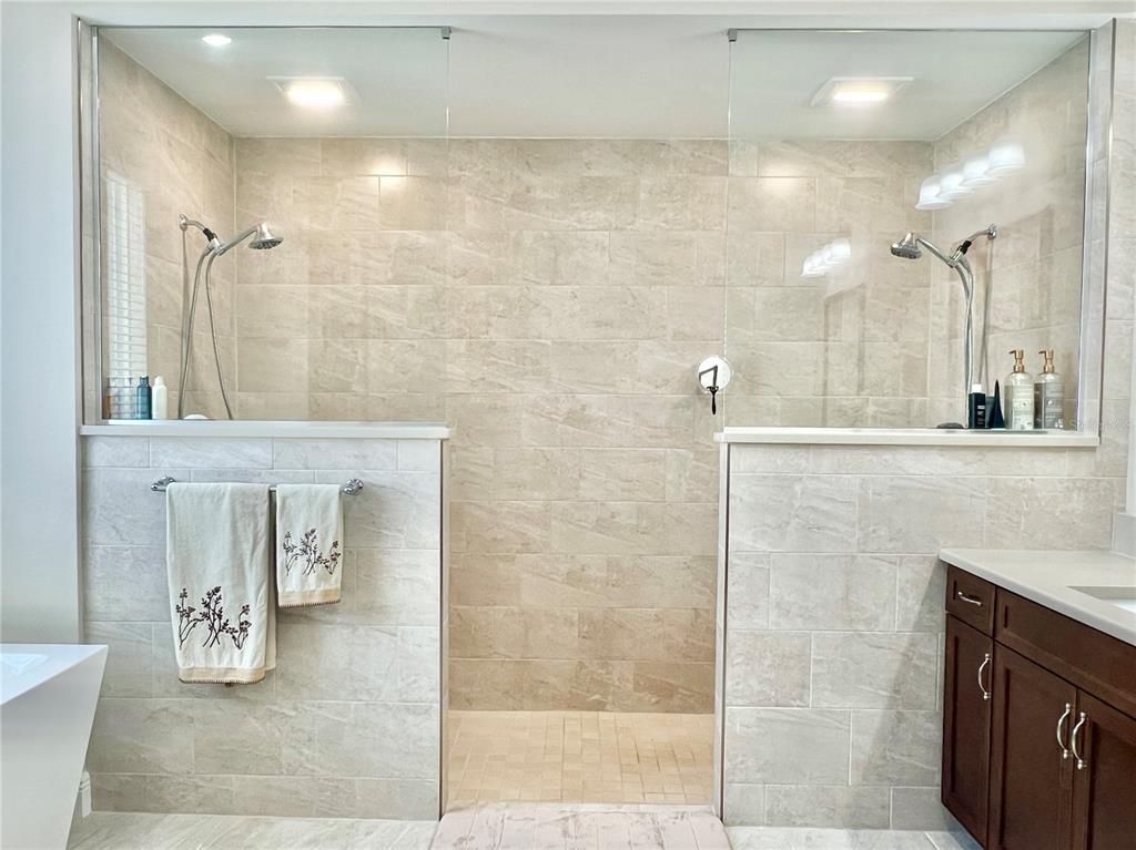 Bathroom, Glass Shower, Interior, Recessed Lighting, Stone Walls