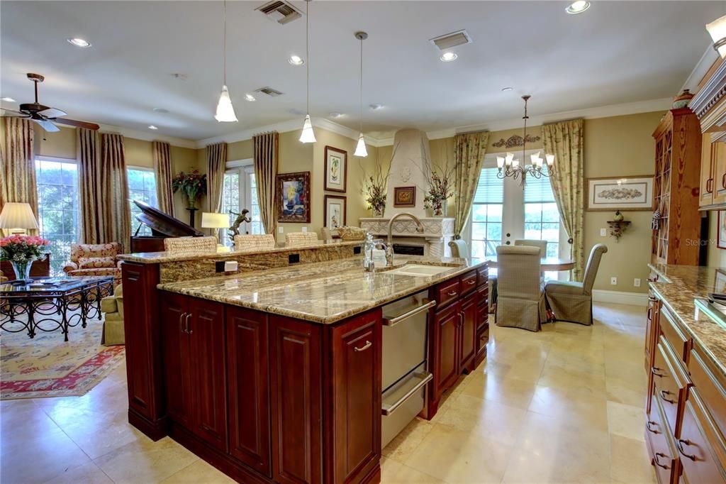 Chandelier, Dining room, Fireplace, Interior, Kitchen, Living room, Pendant Lights, Piano, Recessed Lighting