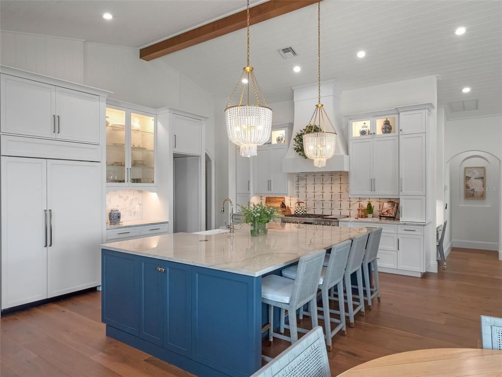 Interior, Kitchen, Pendant Lights, Recessed Lighting, Wooden Beams, Wood Texture Flooring