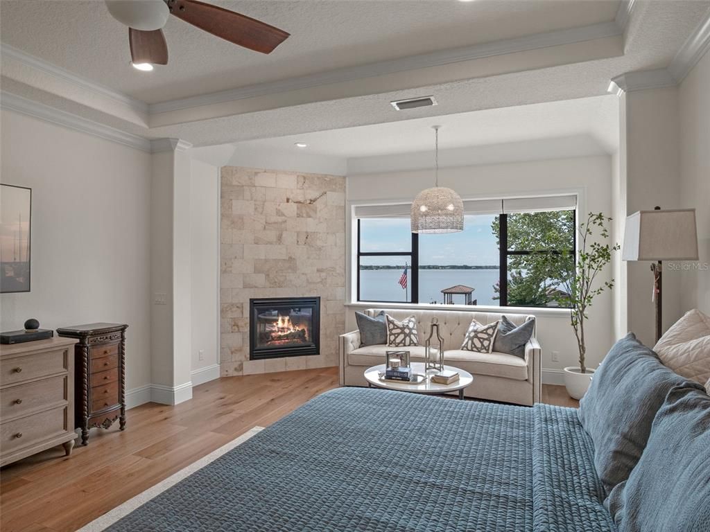 Fireplace, Interior, Living room, Pendant Lights, Recessed Lighting, Stone Walls, Wood Texture Flooring