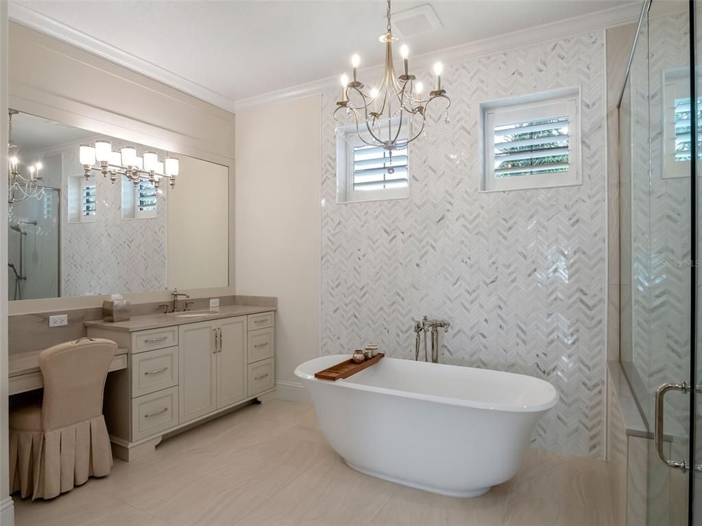 Bathroom, Chandelier, Dual Sink Vanities, Free Standing Baths, Interior