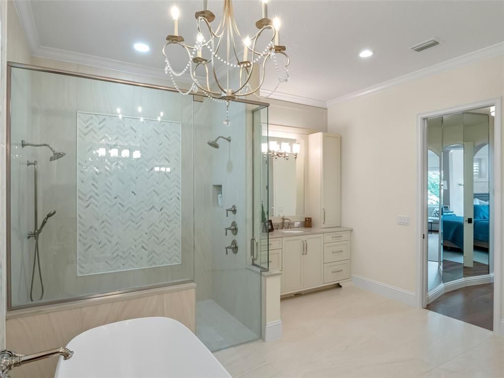 Bathroom, Chandelier, Glass Shower, Interior, Recessed Lighting