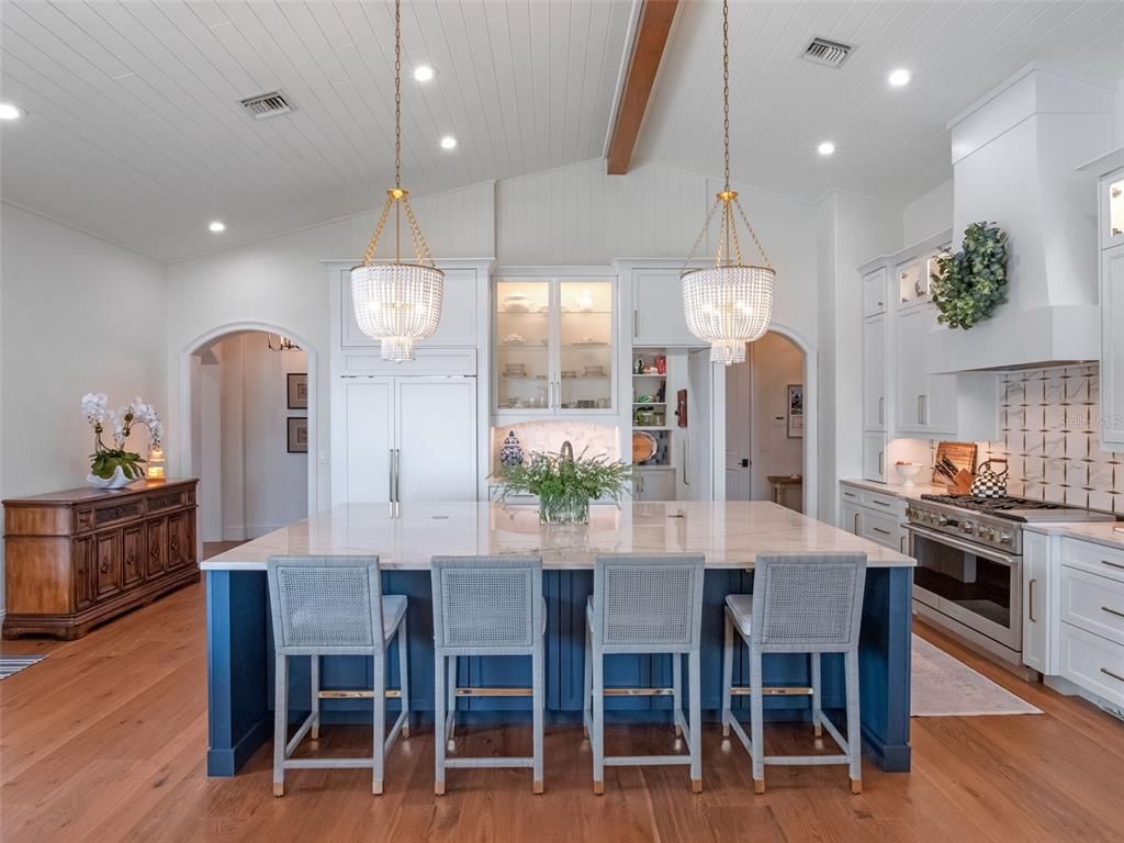 Interior, Kitchen, Pendant Lights, Recessed Lighting, Stainless Steel Appliances, Wooden Beams, Wood Texture Flooring