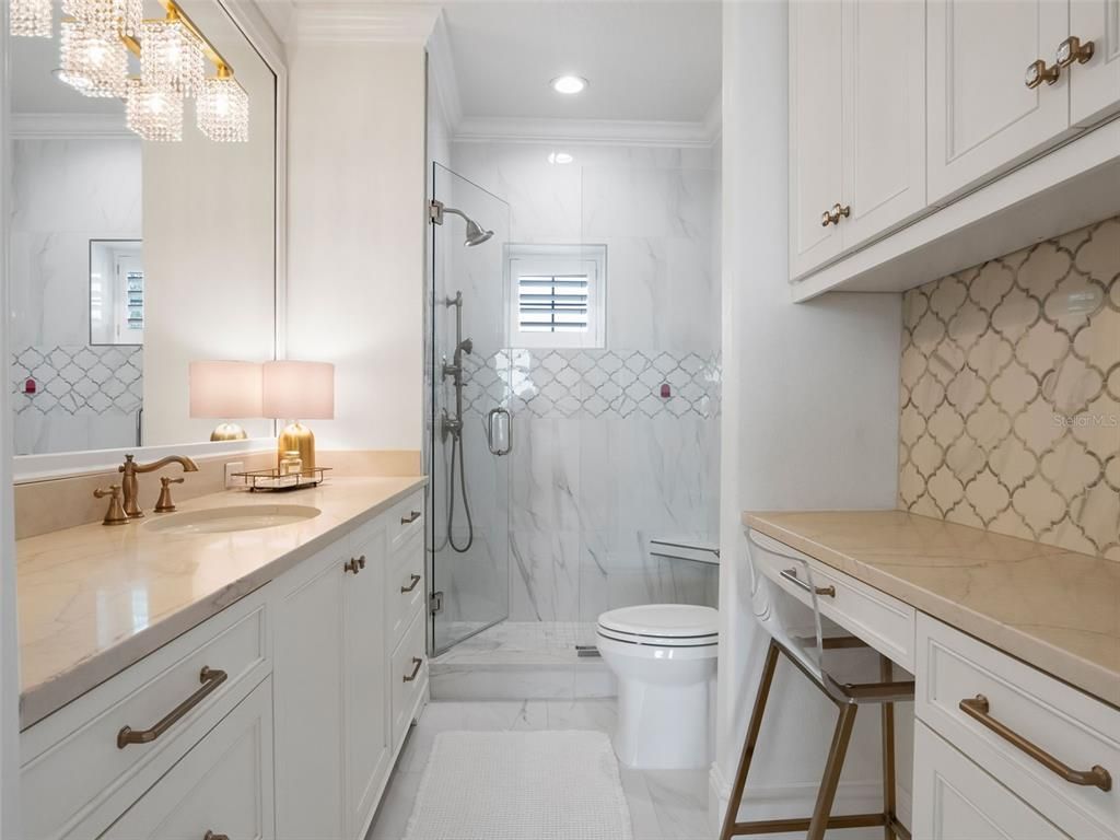 Bathroom, Glass Shower, Interior, Marble, Marble Walls, Recessed Lighting