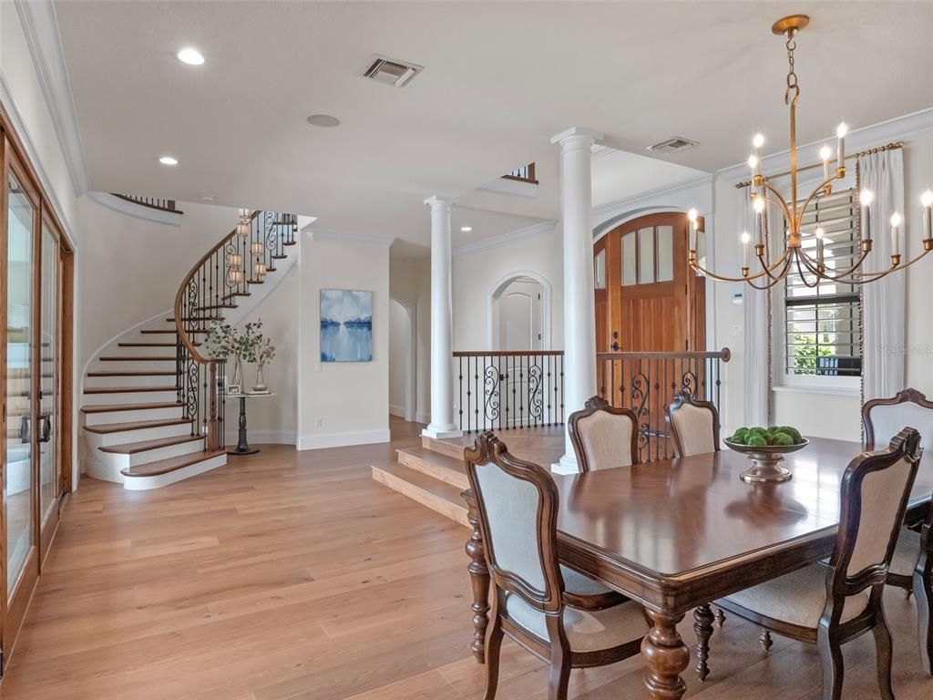 Chandelier, Dining room, Interior, Pendant Lights, Recessed Lighting, Wood Texture Flooring