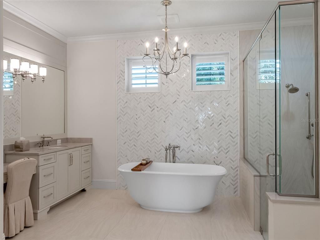 Bathroom, Chandelier, Free Standing Baths, Glass Shower, Interior