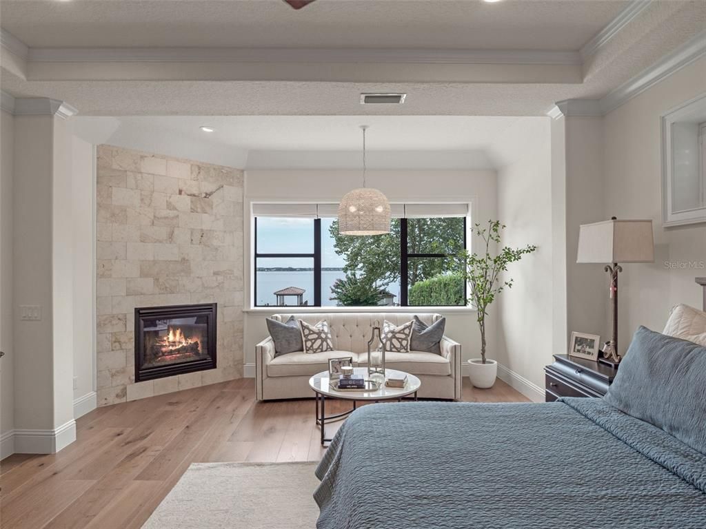 Fireplace, Interior, Living room, Pendant Lights, Recessed Lighting, Stone Walls, Wood Texture Flooring