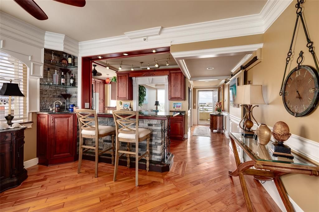 Interior, Kitchen, Recessed Lighting, Stone Walls, Wood Texture Flooring