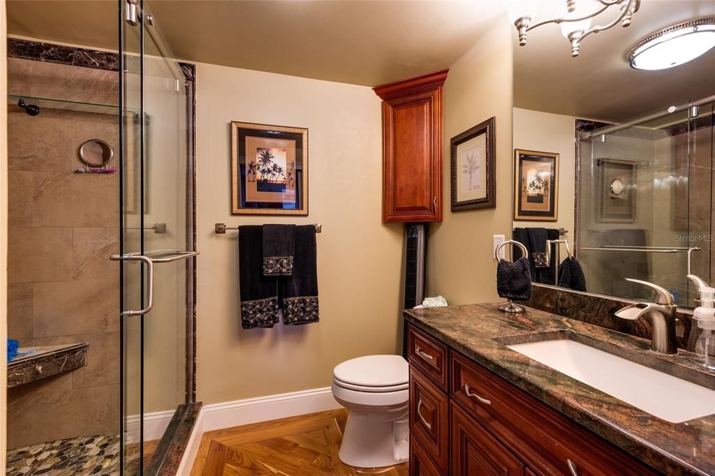 Bathroom, Glass Shower, Interior, Wood Texture Flooring