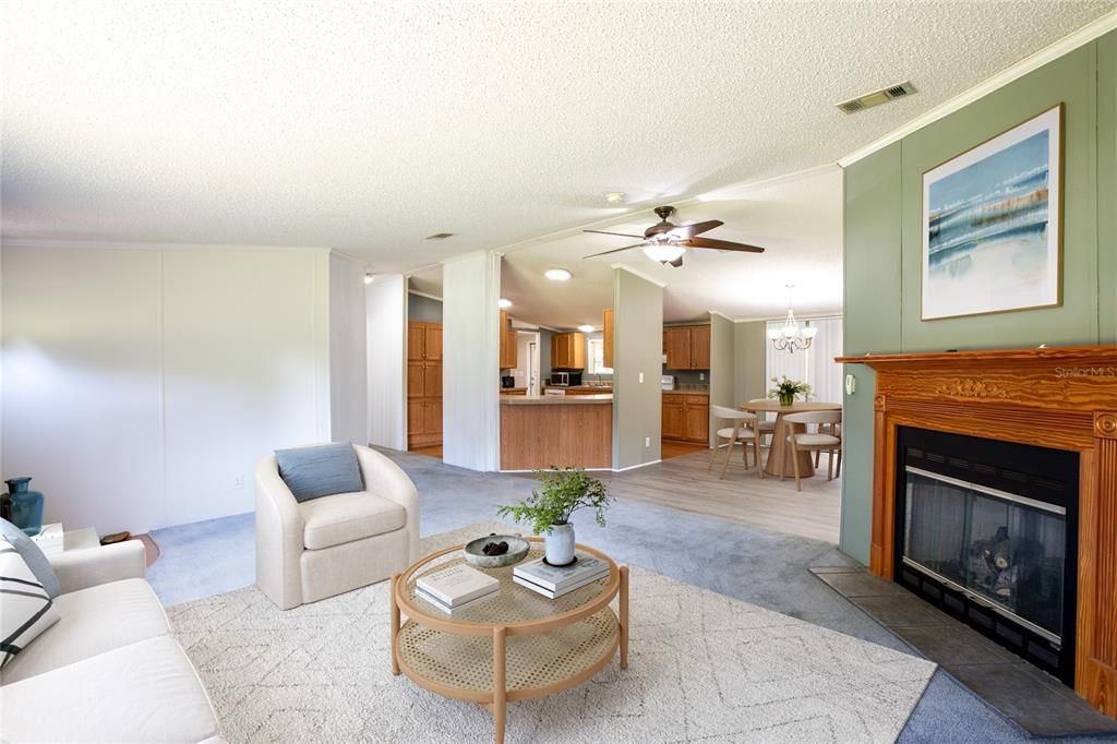 Chandelier, Dining room, Fireplace, Interior, Kitchen, Living room, Recessed Lighting, Wood Texture Flooring