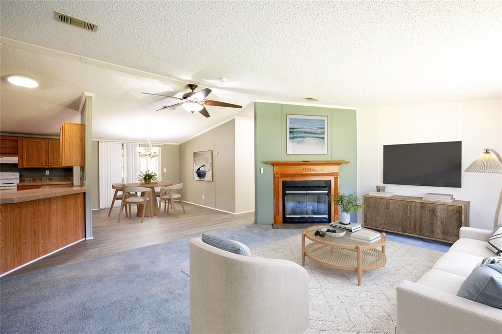 Chandelier, Dining room, Fireplace, Interior, Kitchen, Living room, Recessed Lighting, Wood Texture Flooring