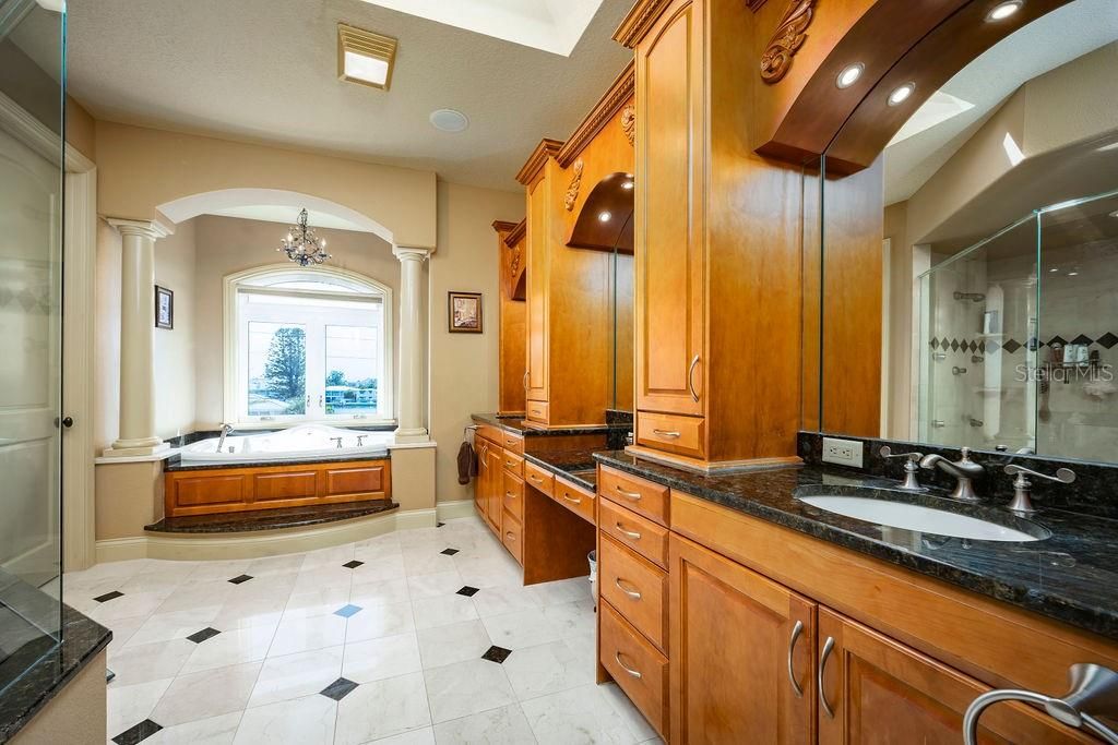 Bathroom, Chandelier, Dual Sink Vanities, Interior, Recessed Lighting