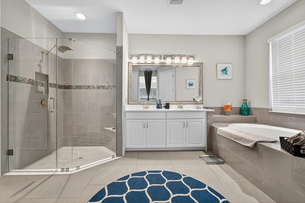 Bathroom, Dual Sink Vanities, Glass Shower, Interior, Recessed Lighting