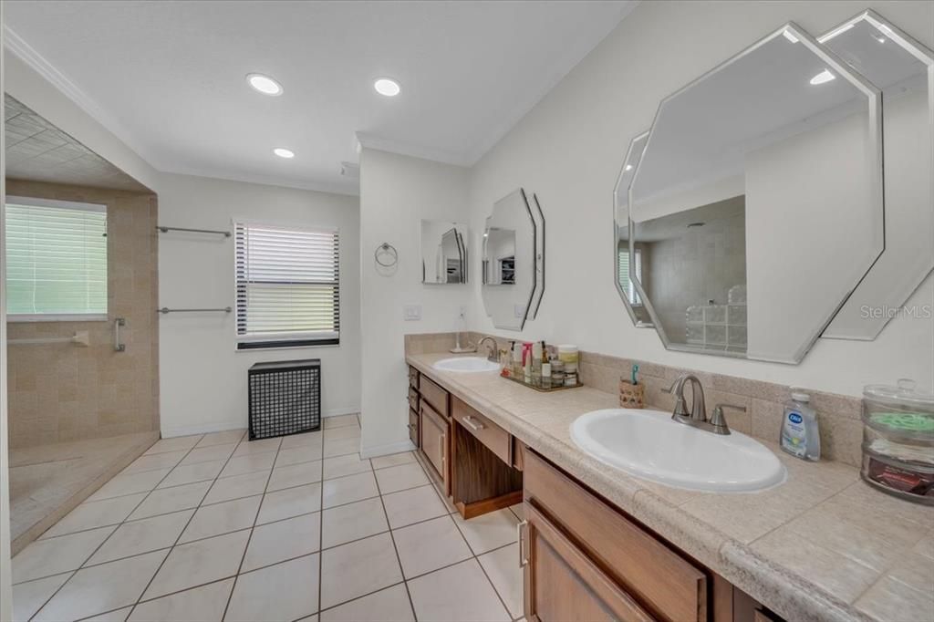 Bathroom, Dual Sink Vanities, Interior, Recessed Lighting, Tile Countertops
