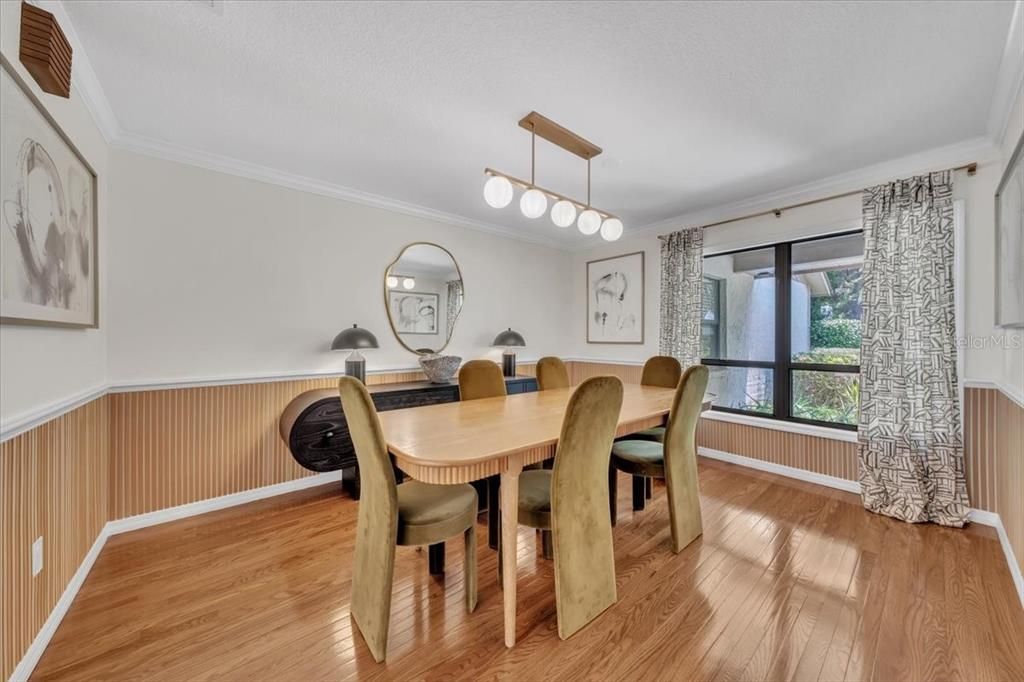 Dining room, Interior, Pendant Lights, Wood Texture Flooring