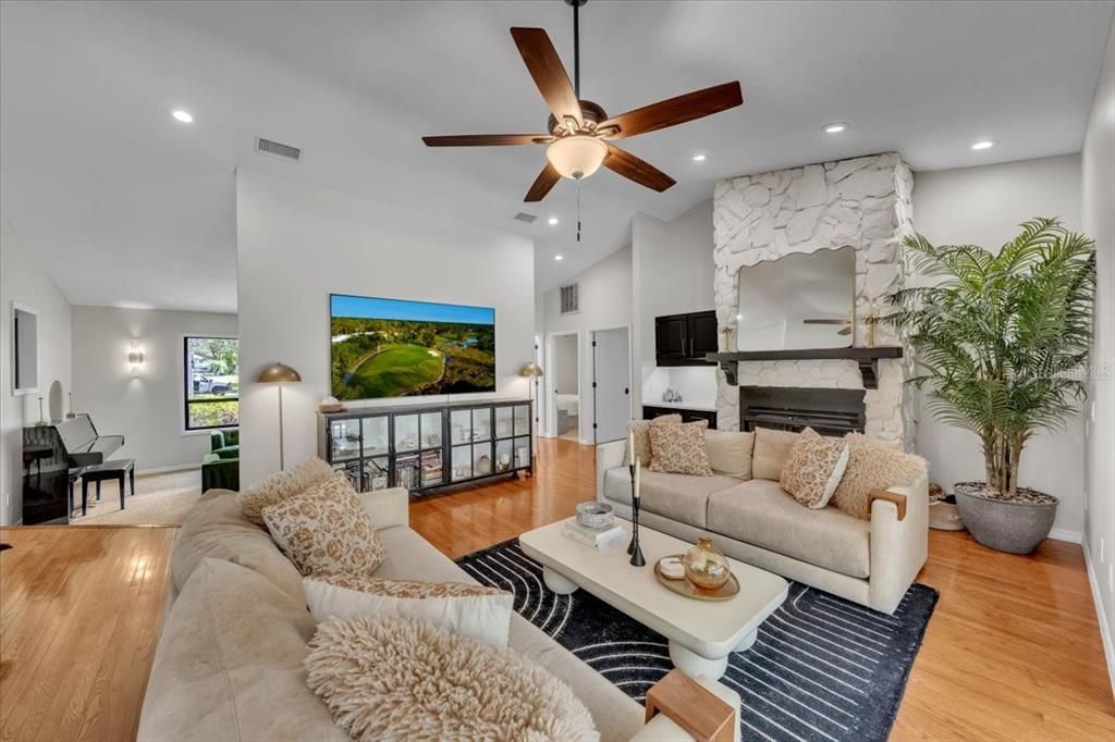 Fireplace, Interior, Living room, Recessed Lighting, Wood Texture Flooring