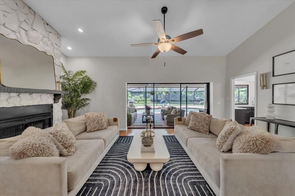 Fireplace, Interior, Living room, Recessed Lighting, Stone Walls