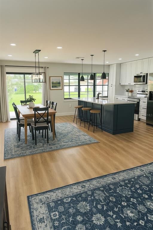 Dining room, Interior, Kitchen, Pendant Lights, Recessed Lighting, Wood Texture Flooring