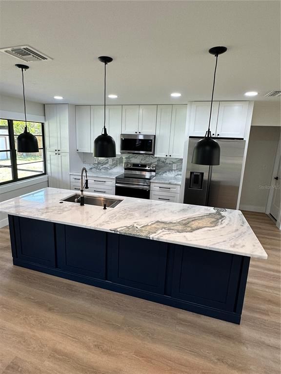 Interior, Kitchen, Pendant Lights, Recessed Lighting, Stainless Steel Appliances, Wood Texture Flooring