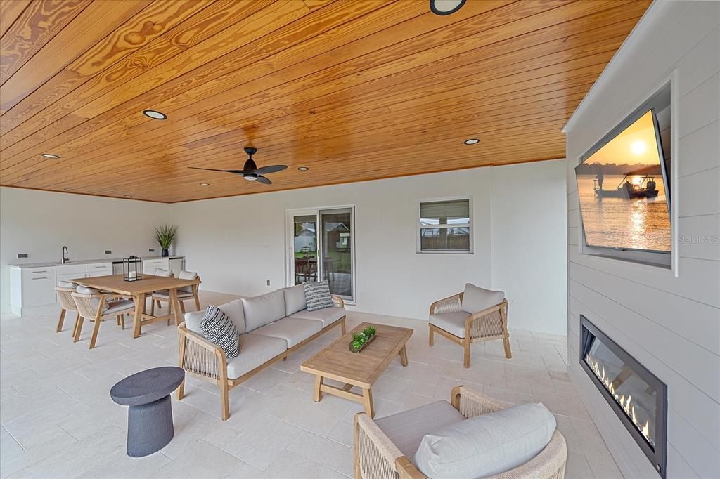 Dining room, Fireplace, Interior, Living room, Recessed Lighting, Wooden Ceilings