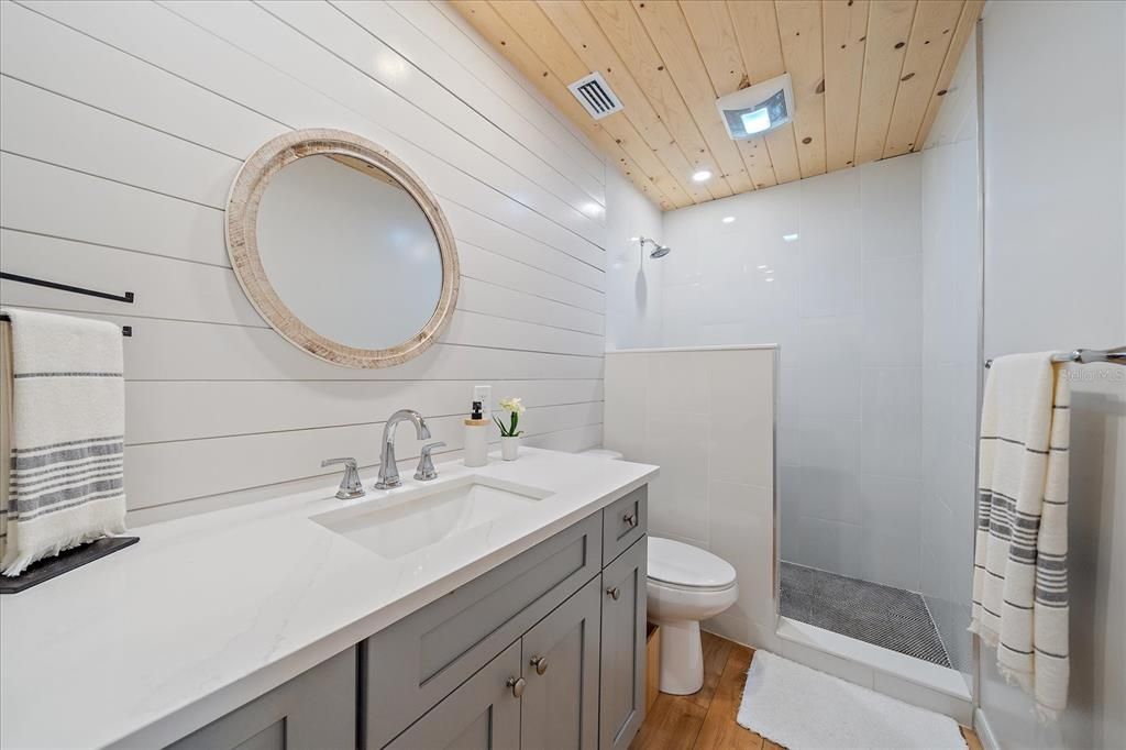 Bathroom, Interior, Recessed Lighting, Wooden Ceilings, Wood Texture Flooring