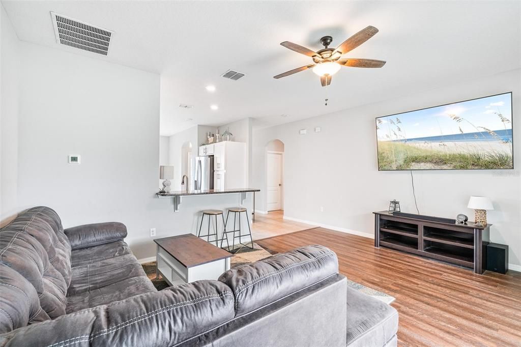 Interior, Kitchen, Living room, Recessed Lighting, Stainless Steel Appliances, Wood Texture Flooring