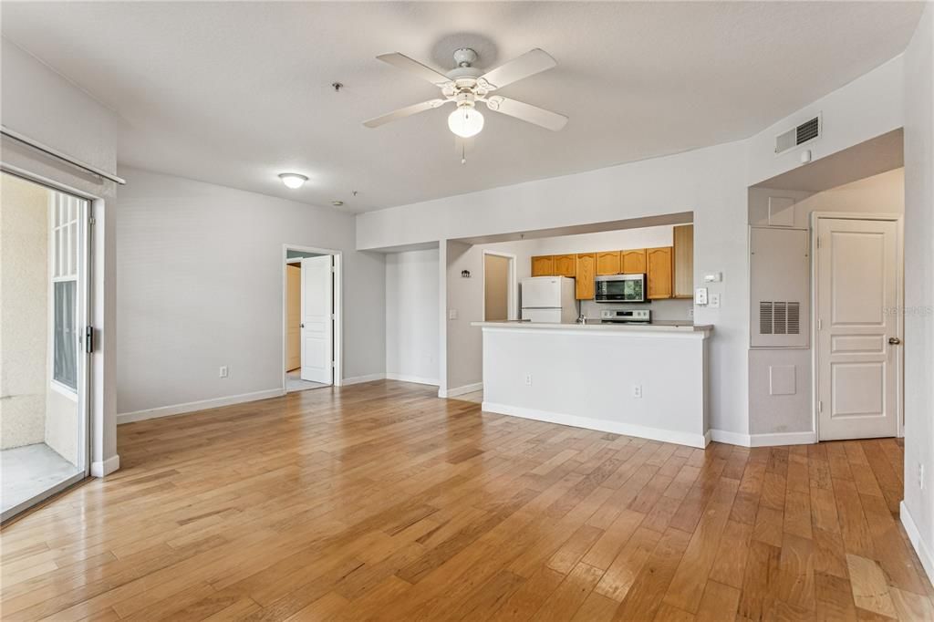 Empty room, Interior, Kitchen, Stainless Steel Appliances, Wood Texture Flooring