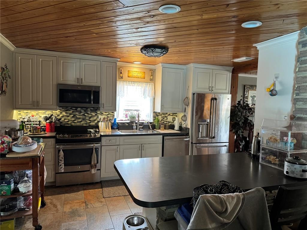 Interior, Kitchen, Recessed Lighting, Stainless Steel Appliances, Wooden Ceilings