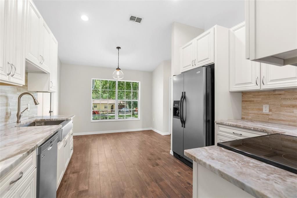 Interior, Kitchen, Pendant Lights, Recessed Lighting, Wood Texture Flooring