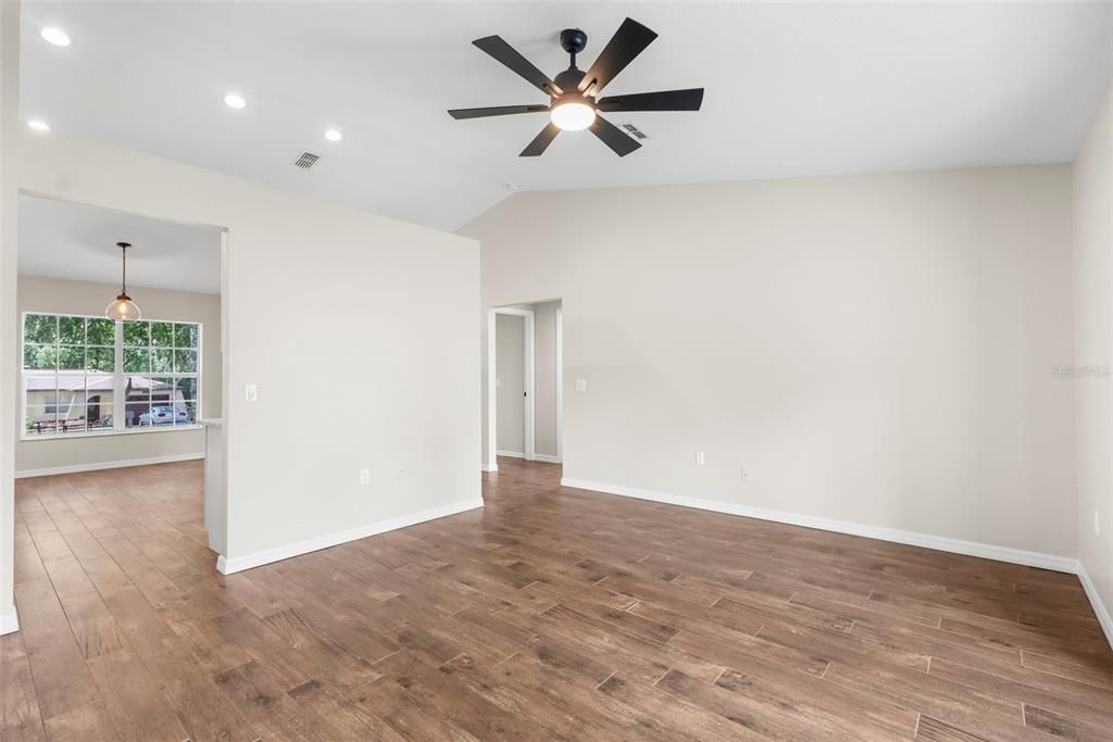Empty room, Interior, Pendant Lights, Recessed Lighting, Wood Texture Flooring