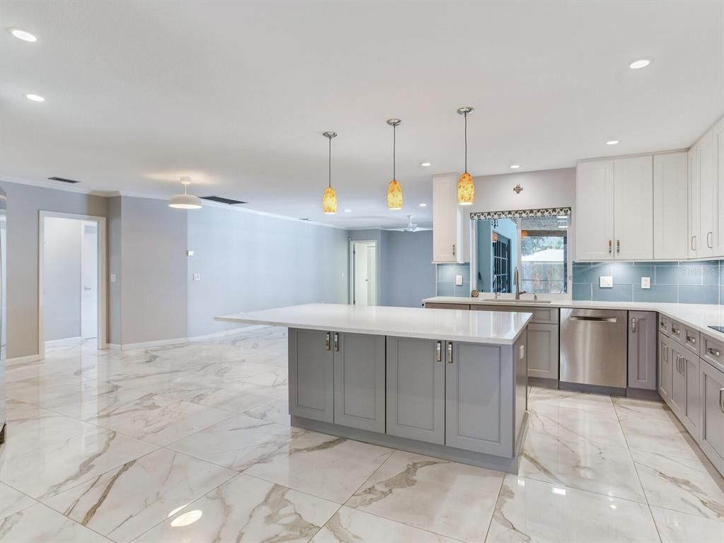 Interior, Kitchen, Marble, Pendant Lights, Recessed Lighting, Stainless Steel Appliances