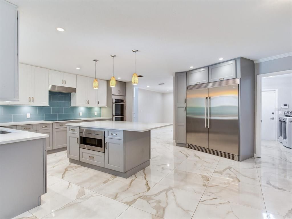 Interior, Kitchen, Marble, Pendant Lights, Recessed Lighting, Stainless Steel Appliances