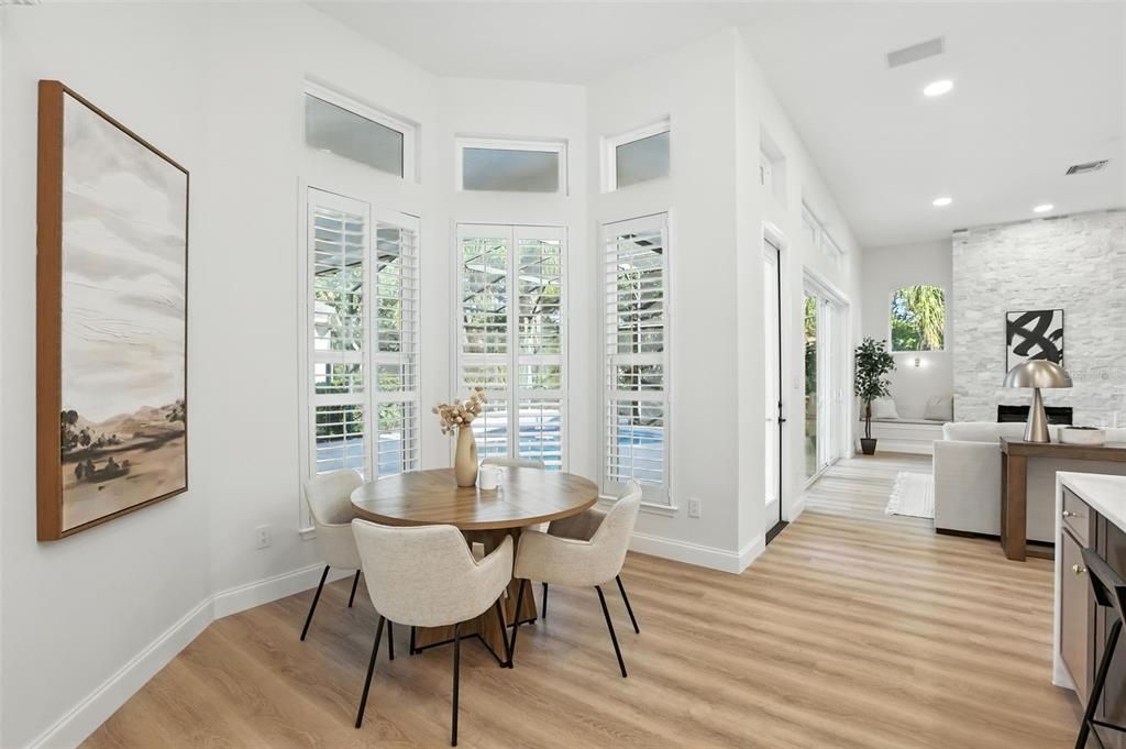 Dining room, Interior, Living room, Recessed Lighting, Wood Texture Flooring