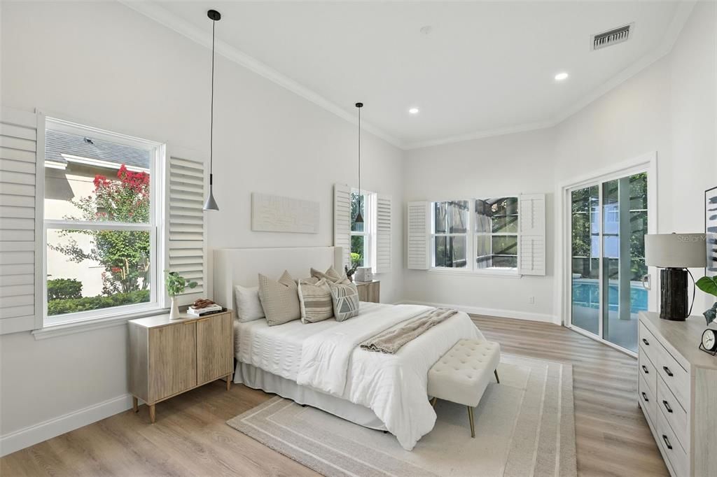 Bedroom, Interior, Pendant Lights, Recessed Lighting, Wood Texture Flooring