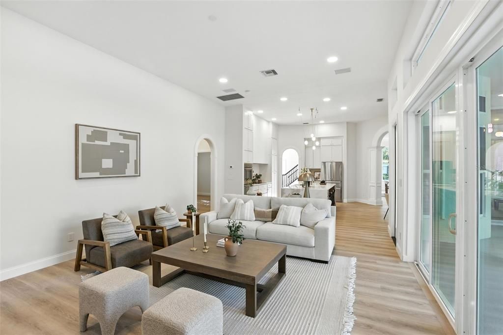 Interior, Kitchen, Living room, Pendant Lights, Recessed Lighting, Stainless Steel Appliances, Wood Texture Flooring