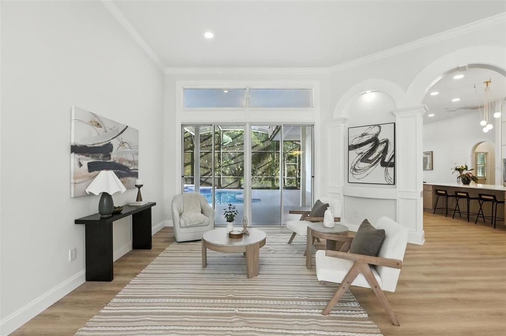 Interior, Living room, Pendant Lights, Recessed Lighting, Wood Texture Flooring