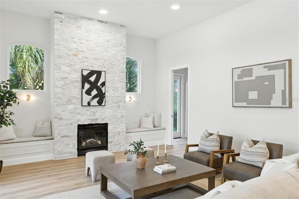 Fireplace, Interior, Living room, Recessed Lighting, Stone Walls, Wood Texture Flooring