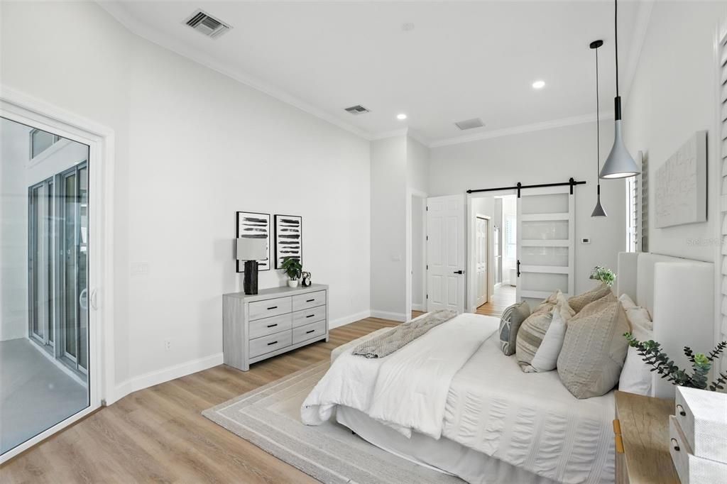 Bedroom, Interior, Pendant Lights, Recessed Lighting, Wood Texture Flooring