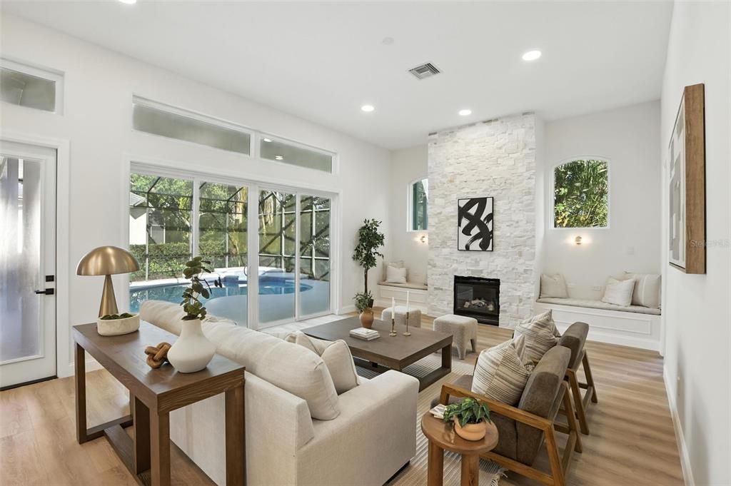 Fireplace, Interior, Living room, Recessed Lighting, Stone Walls, Wood Texture Flooring