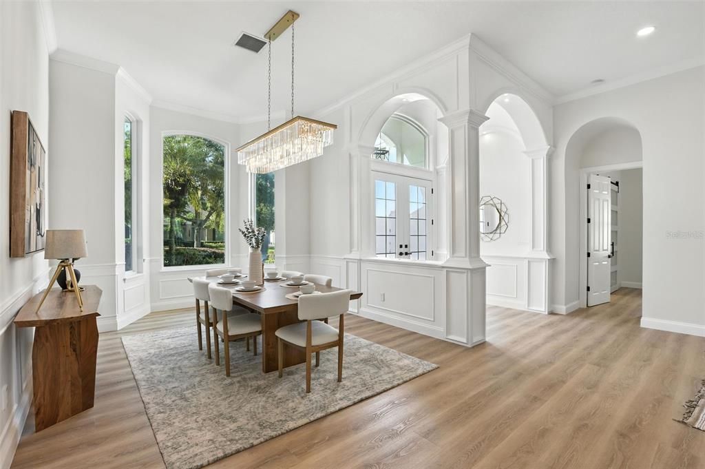 Chandelier, Dining room, Interior, Recessed Lighting, Wood Texture Flooring