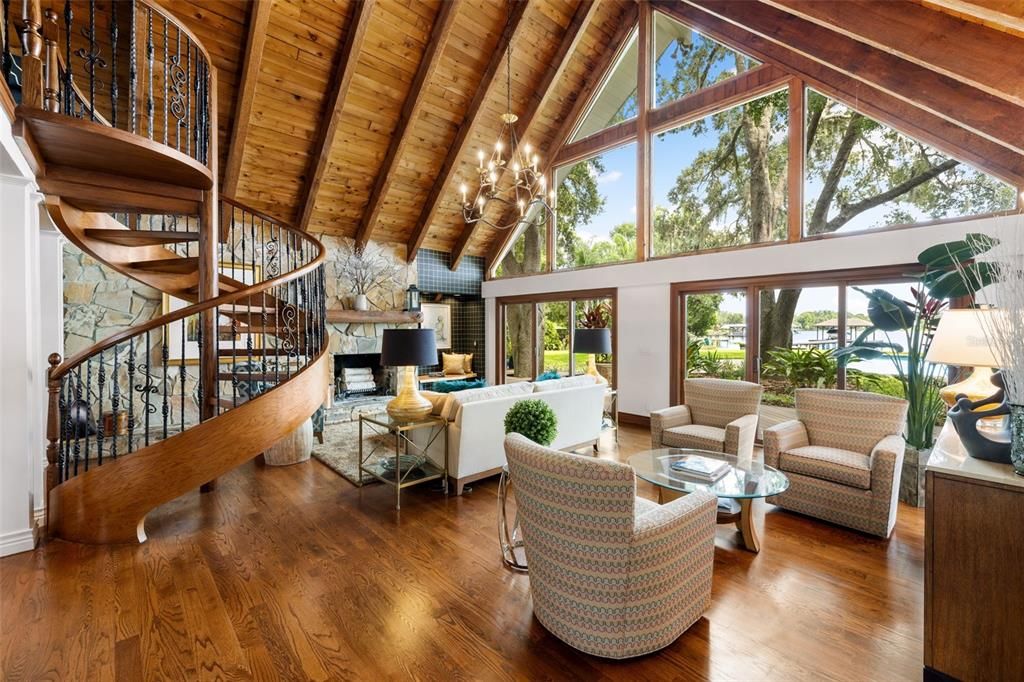 Chandelier, Interior, Living room, Piano, Wooden Beams, Wooden Ceilings, Wood Texture Flooring