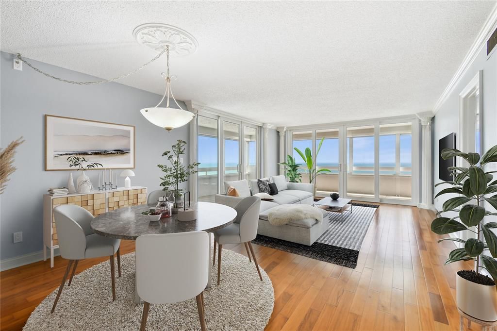 Dining room, Interior, Living room, Pendant Lights, Water, Wood Texture Flooring