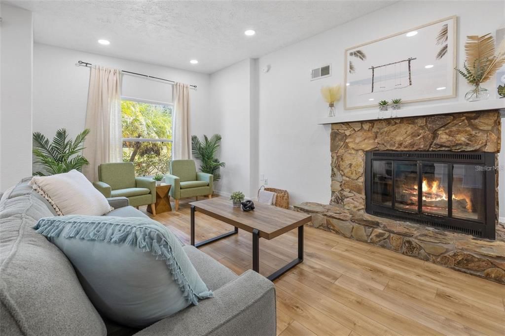 Fireplace, Interior, Living room, Recessed Lighting, Wood Texture Flooring