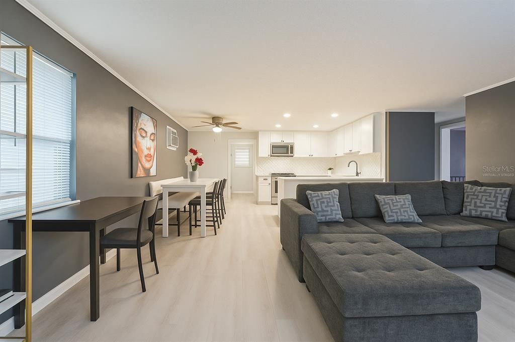 Dining room, Interior, Kitchen, Living room, Recessed Lighting