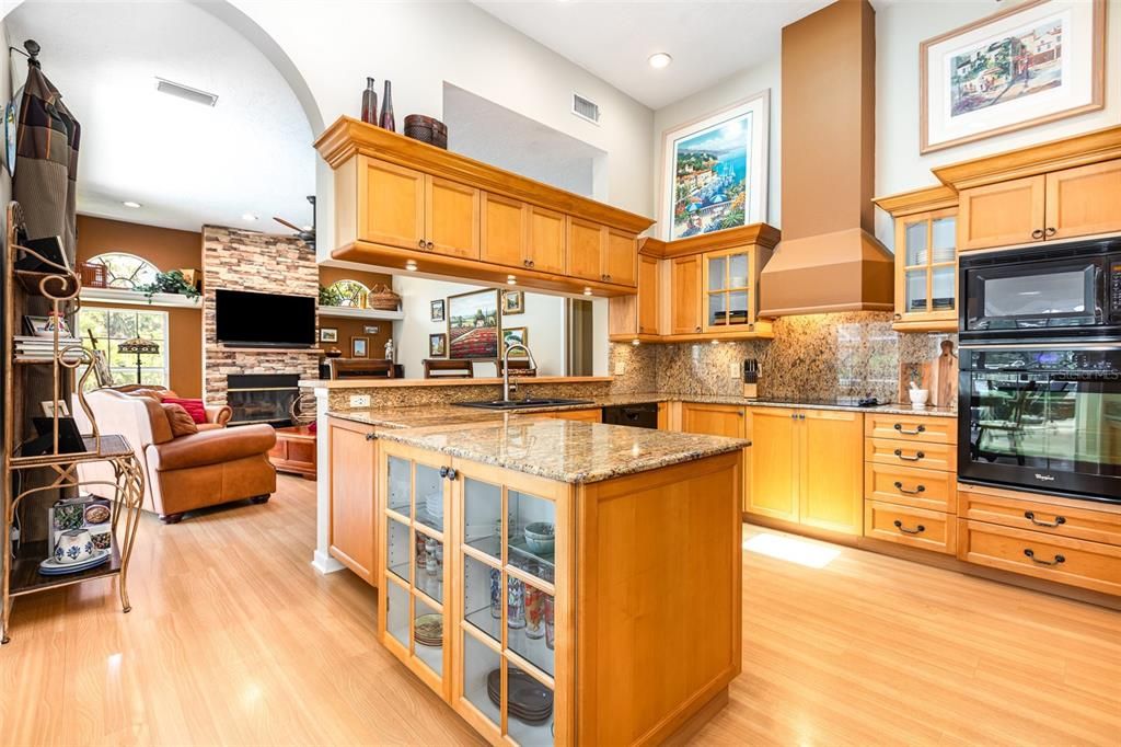 Fireplace, Interior, Kitchen, Living room, Recessed Lighting, Wood Texture Flooring