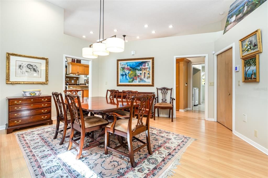 Dining room, Interior, Pendant Lights, Recessed Lighting, Wood Texture Flooring