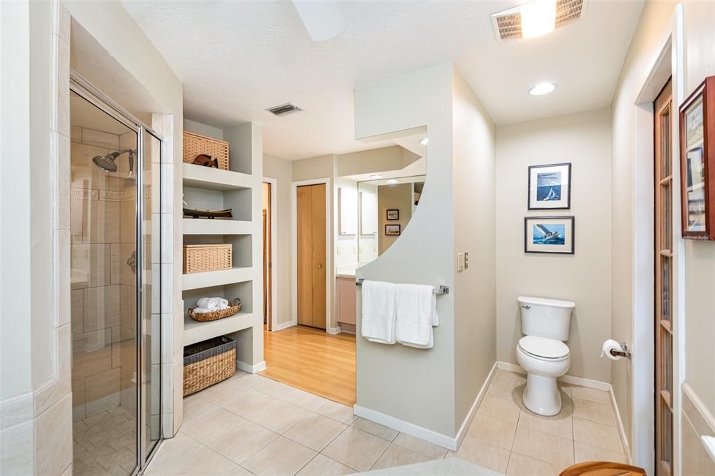 Bathroom, Glass Shower, Interior, Recessed Lighting, Wood Texture Flooring