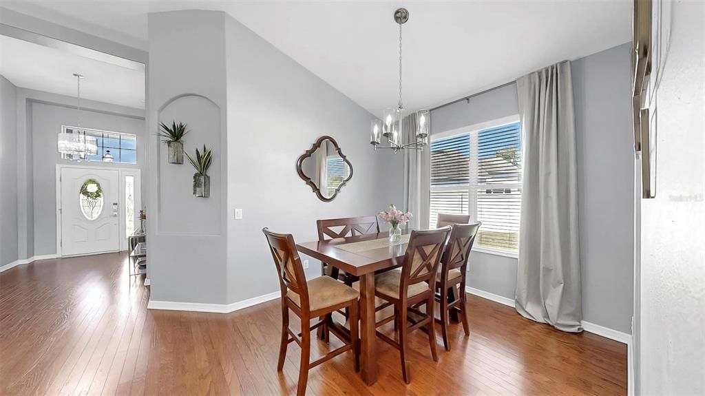 Dining room, Interior, Pendant Lights, Wood Texture Flooring